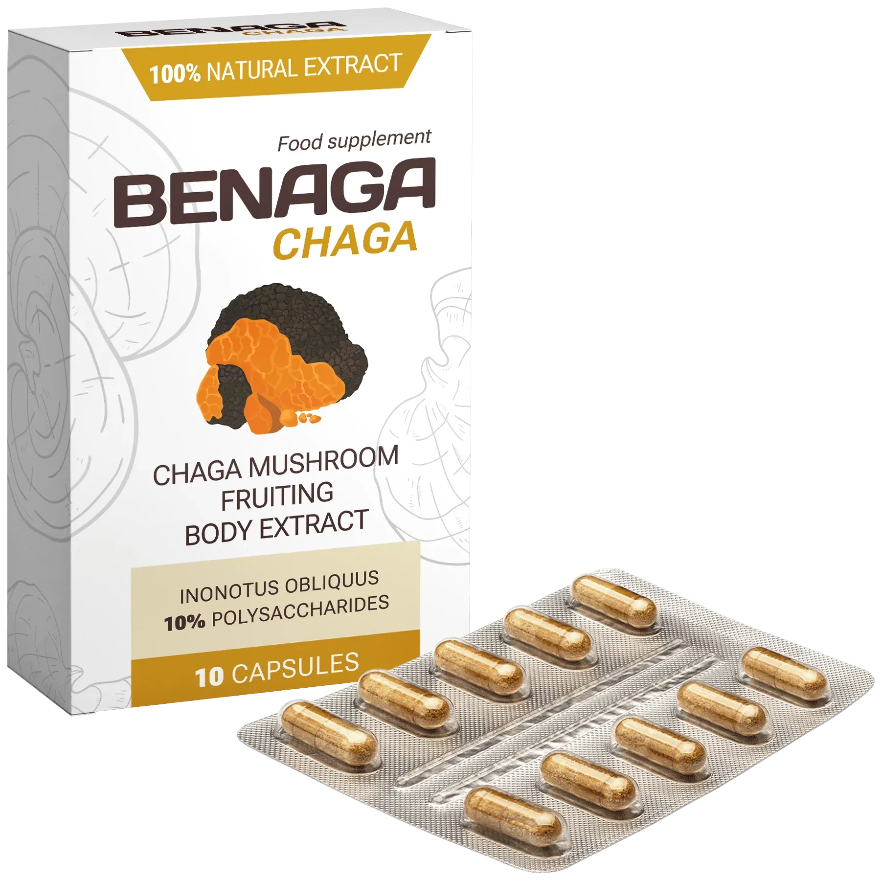 Composición y frasco de Benaga Chaga cápsulas